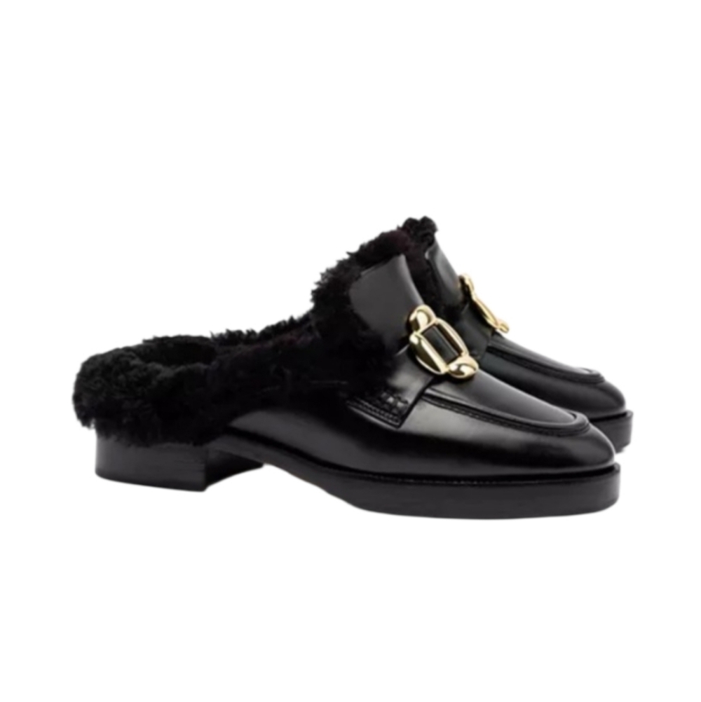 Larroude Bobbie Black Leather Shearling Lined Mules Gold Buckle Loafers Size 6.5